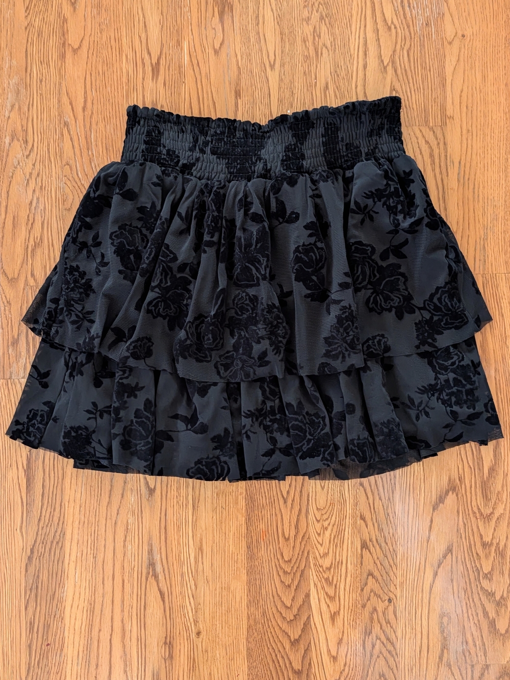 Chelsea and Violet Girls Black Mesh Tiered Skirt Floral Velvet Design